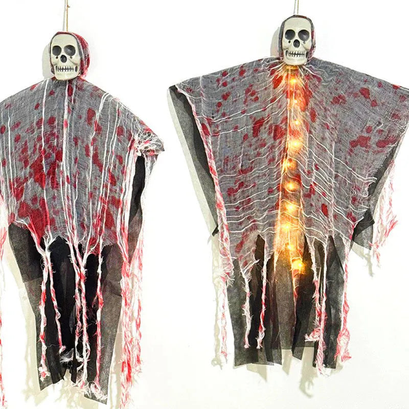 Halloween hanging ghost ornament with a blood-dyed luminous skull, made from plastic.