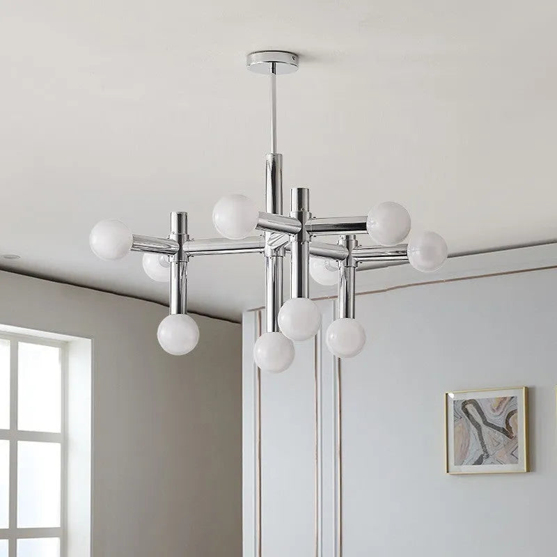 Nordic style chandelier with chrome finish, wrought iron frame, glass and aluminium details, 10 or 13 heads for restaurant or living room