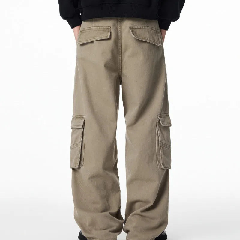 Loose straight-leg cotton cargo pants with multi-pocket design, zip fly, Charcoal Gray or Khaki, sizes S to 2XL