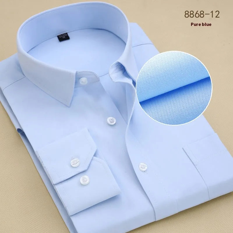 Men's black long sleeve cotton business shirt with a slim fit on a mannequin.