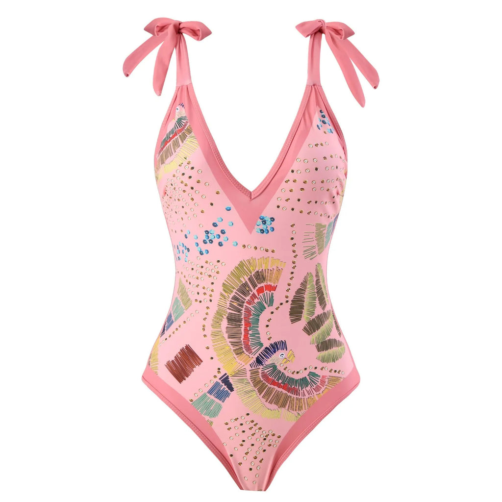 French retro one-piece swimsuit with gauze skirt in blue or pink colours, backless bikini style design