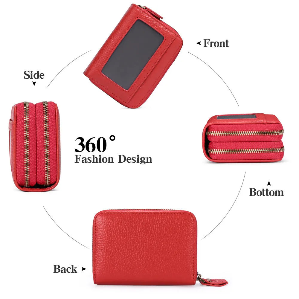 Genuine cowhide leather double layer card holder with zipper, shown in red colour with gift box.