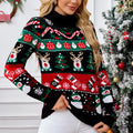 Black Christmas Sweater women's slim-fit turtleneck pullover with contrast animal pattern