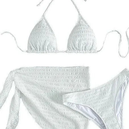White women's lace-up split bikini swimsuit three-piece set made from Spandex in sizes S to XL