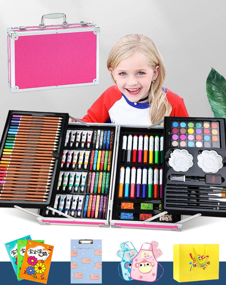 Creative birthday gift for girls ten years old, 3-layer pink aluminium box set with doodle pen set, plastic construction