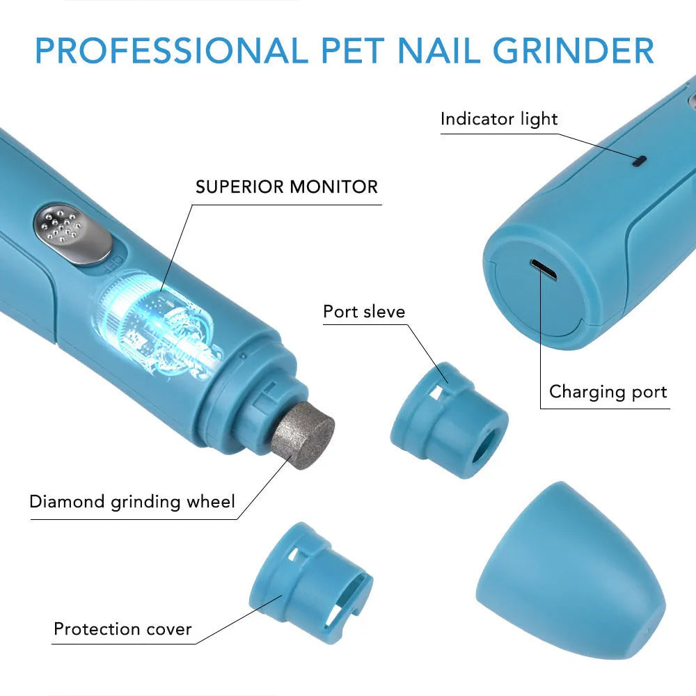 Blue electric pet nail grinder with diamond grinding head, 15.3 x 3.3 cm, for dogs cats and small pets
