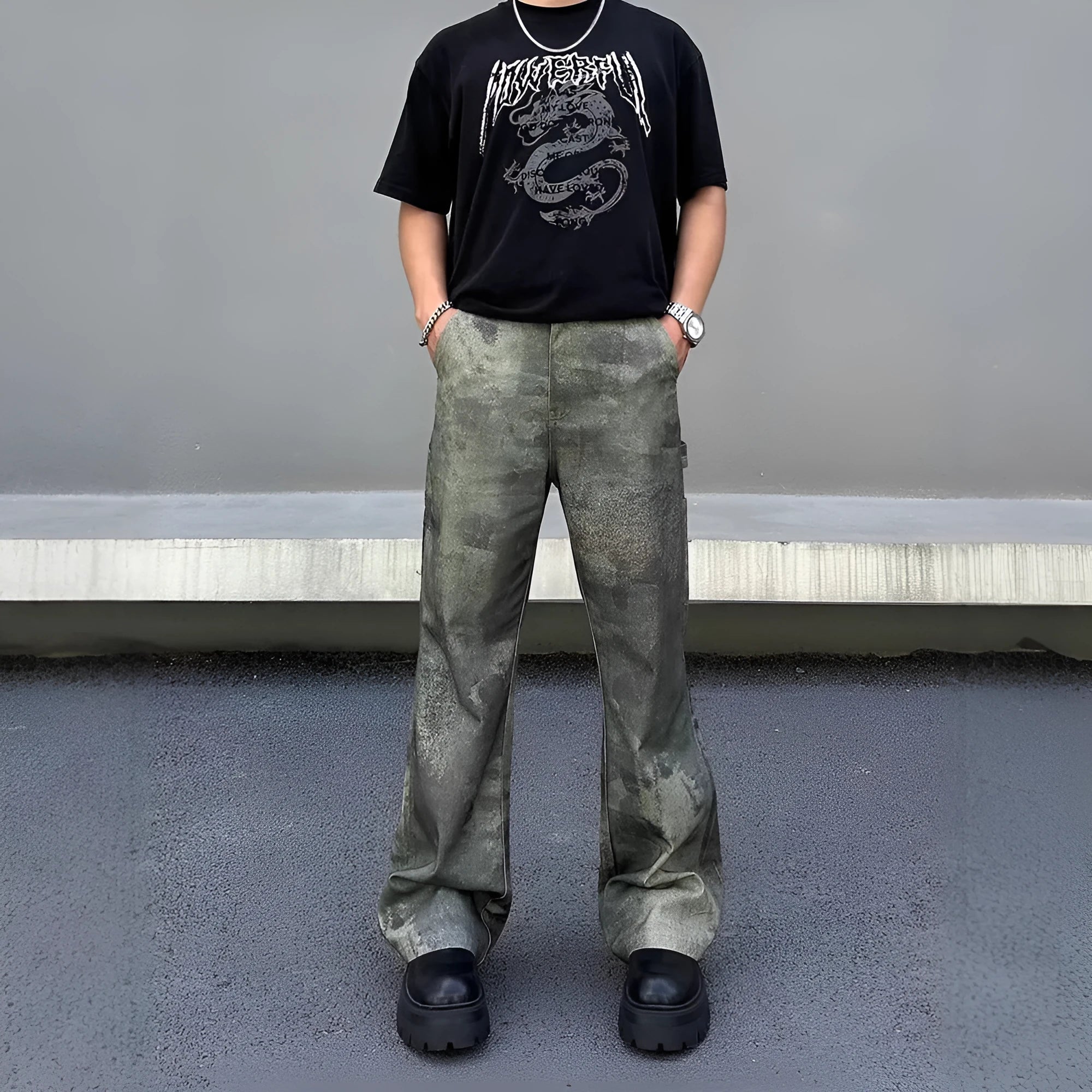 Men's straight-leg jeans with a retro digital camouflage pattern in a picture colour.