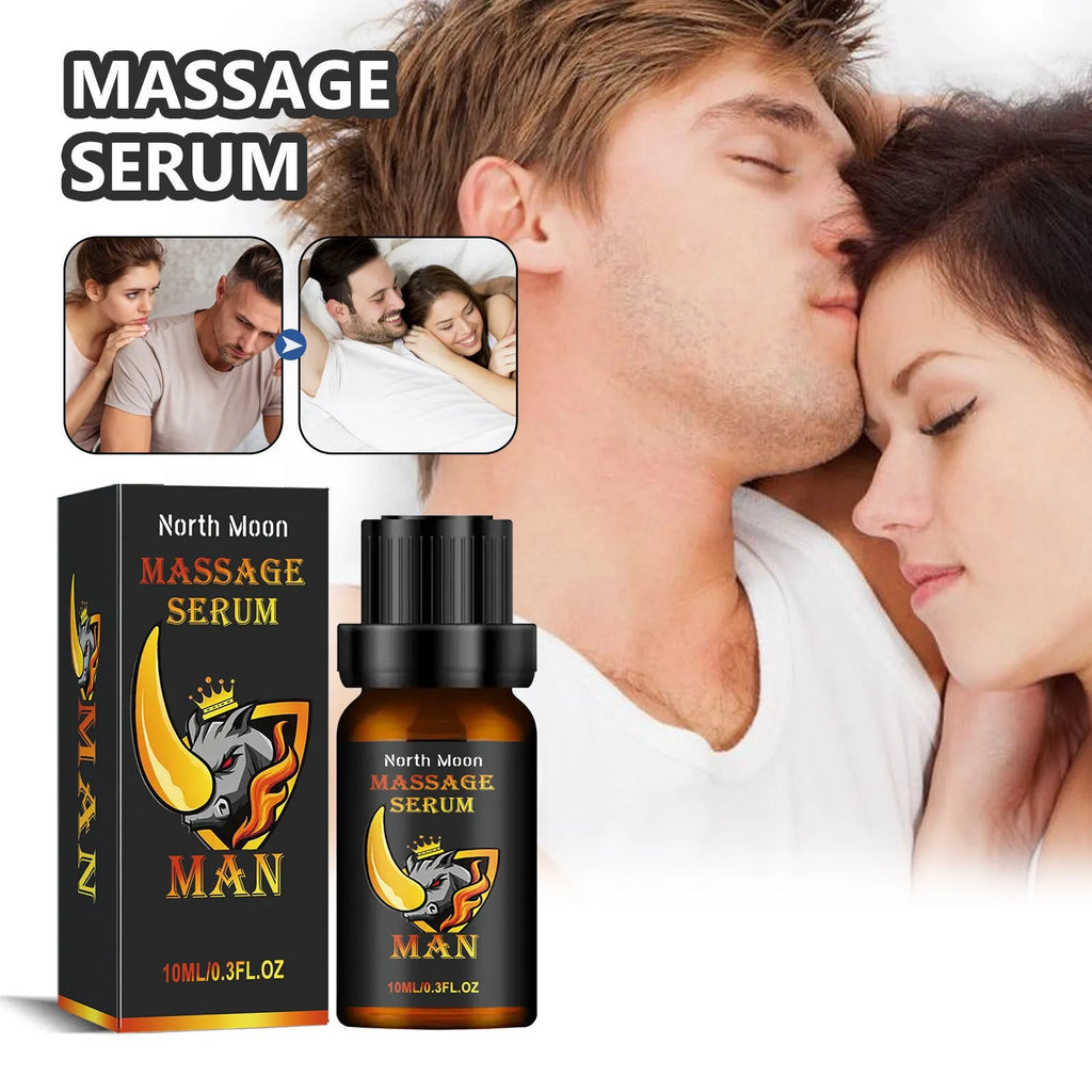 10ml glass bottle of amber men's vitality massage essential oil with a dropper.