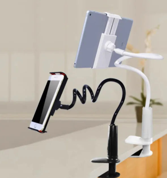 Blue universal mobile phone and tablet holder with 120cm pole on a bedside table