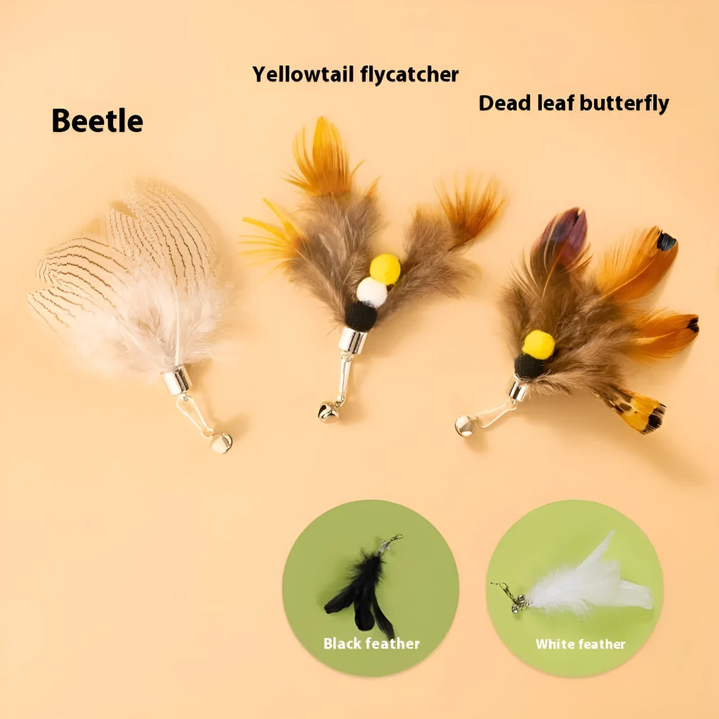 Three steel wire cat toy replacement heads with small flying insect designs on a plain background.