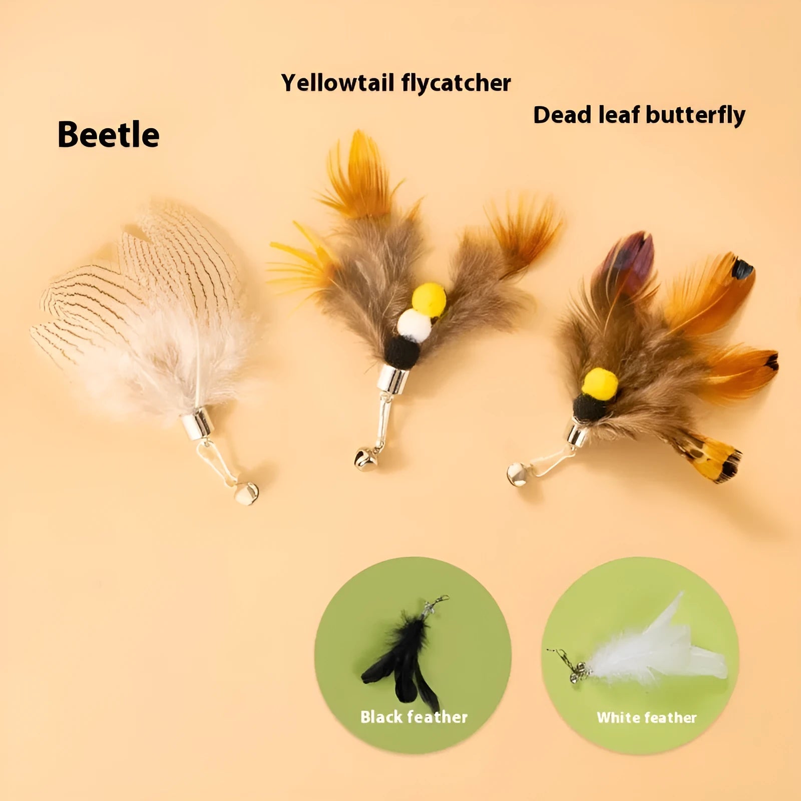 Three steel wire cat toy replacement heads with small flying insect designs on a plain background.