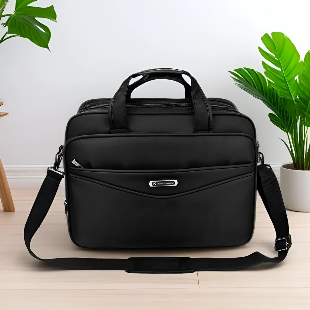 Black Oxford cloth laptop briefcase, expanding business bag in 16 inch and 17 inch sizes