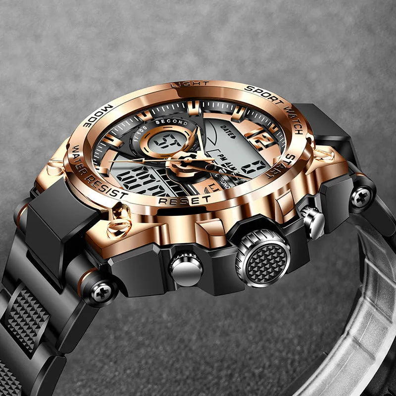 Quartz watch with luminous dial, plastic strap, and analogue digital display in black colour
