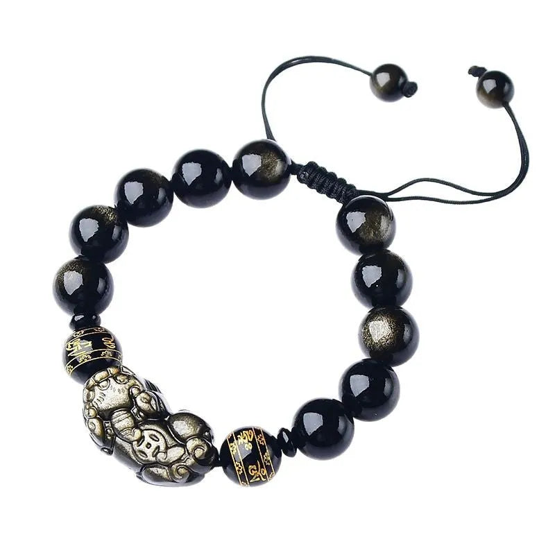 Hand-woven golden obsidian Pi Xiu bracelet with animal zodiac modelling in Chinese style