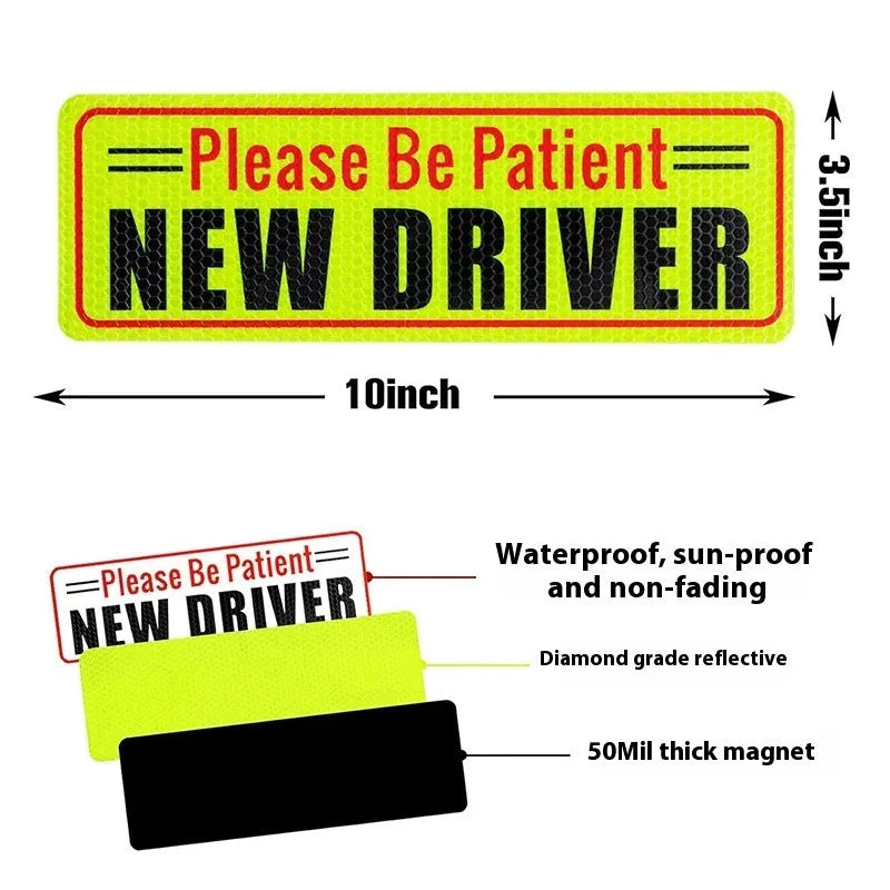 Reflective acrylic car warning bumper sticker for novice drivers measuring 22.5 by 8.5 cm on a car rear bumper.