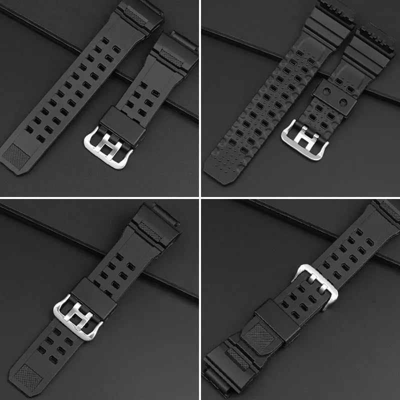 Camouflage pattern TPU watch strap with silver buckle on a watch case.