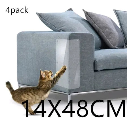 Two transparent PVC self-adhesive cat claw protector pads on a leather sofa arm, each 47x15cm