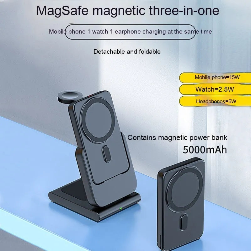 Magnetic three-in-one power bank with 5000mAh capacity, foldable bracket, charging an iPhone, Apple Watch and AirPods