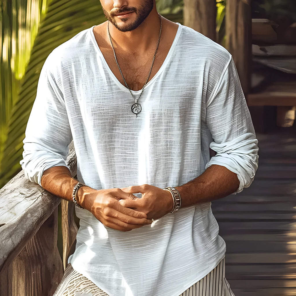 Beige V-neck long-sleeved T-shirt with slim fit design on hanger