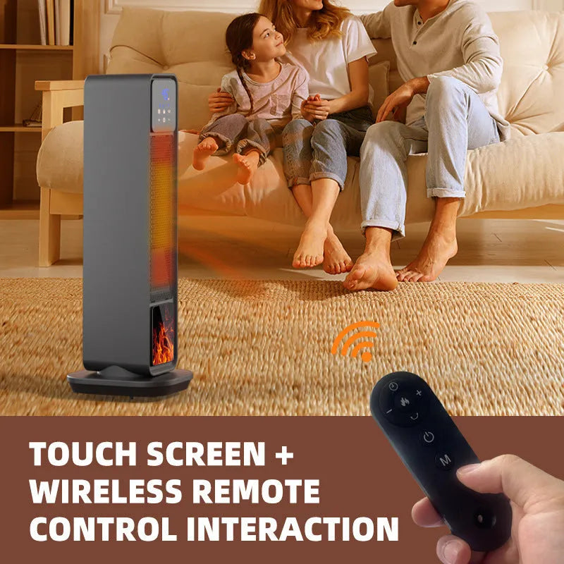 Black standing electric heater with remote control, 2200W ceramic heating, shaking head, timer over 8 hours