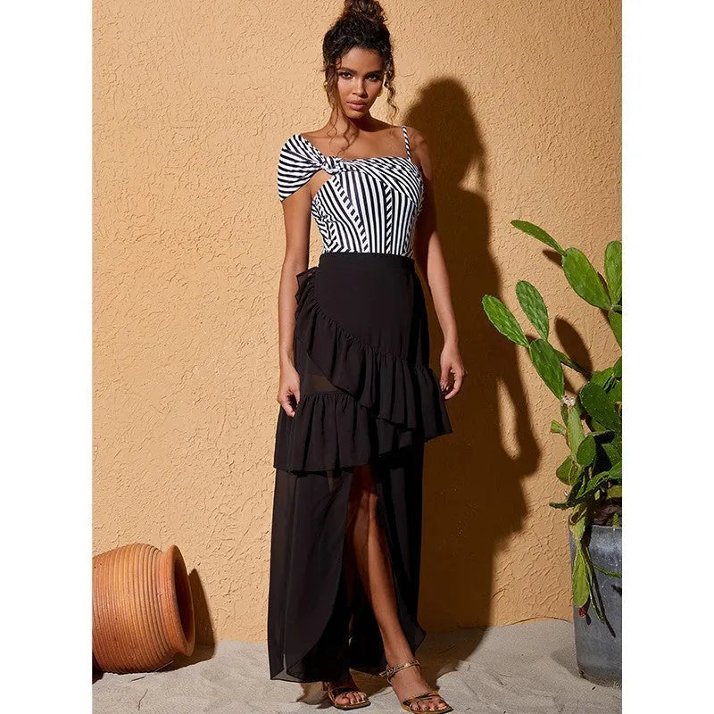 Women's striped ruffled one-piece swimsuit with attached skirt in polyester fabric