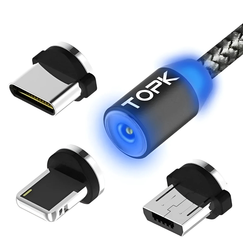 Silver magnetic charging cable with three detachable plugs for iPhone, Android and USB Type-C phones.
