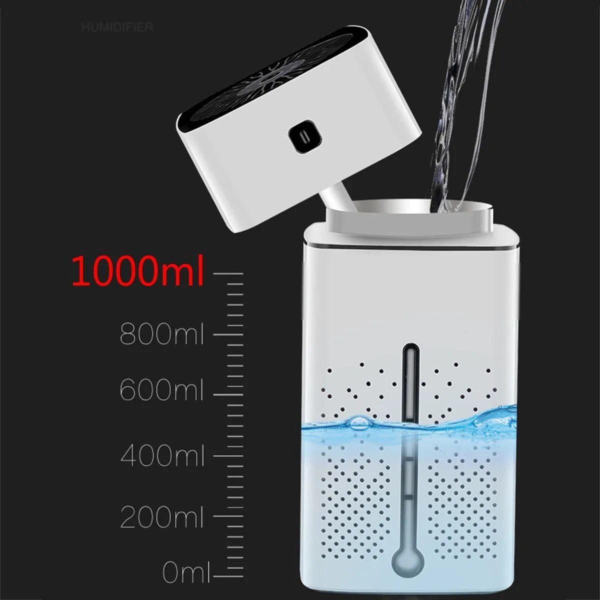 A compact black or white desktop humidifier with USB port, showing dimensions of 103mm by 103mm by 218mm.