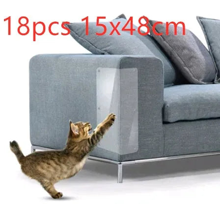 Two transparent PVC self-adhesive cat claw protector pads on a leather sofa arm, each 47x15cm