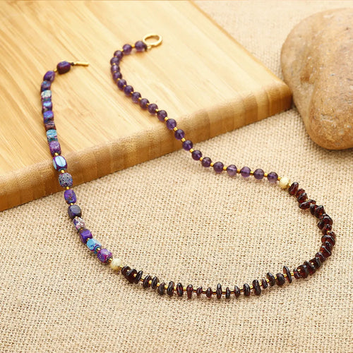Purple amethyst and garnet geometric round beads stone bracelet with manual processing