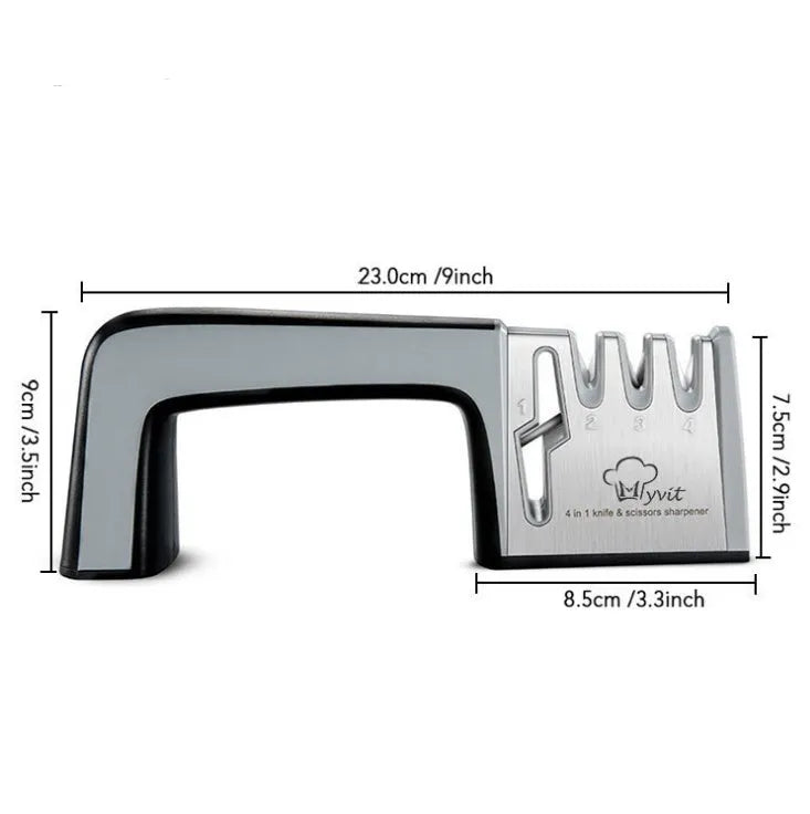 Four-in-one multifunction kitchen knife sharpener in black and cyan colour with stainless steel body.