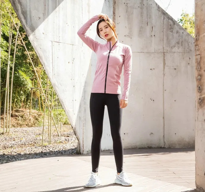 Slim fit sportswear top in grey or pink, 90% nylon and 10% spandex, sizes S M L