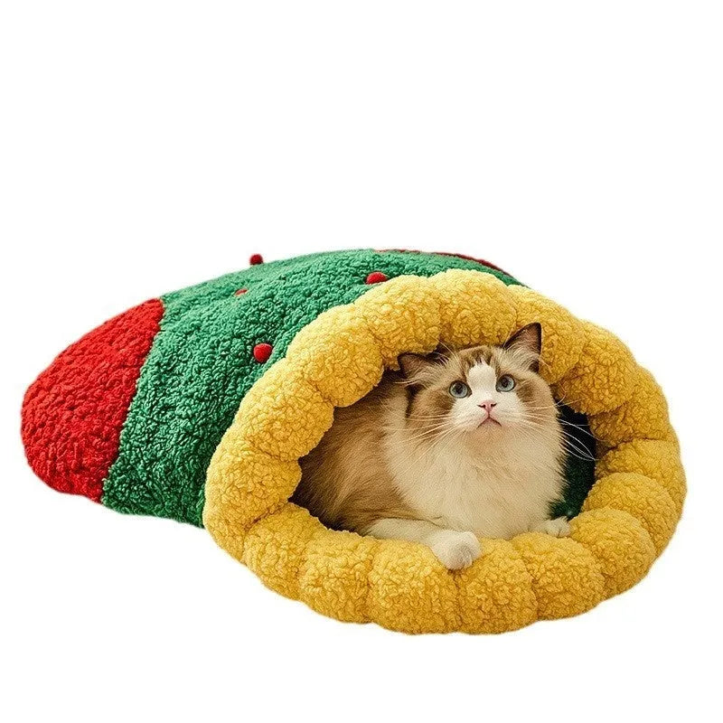 Christmas stocking cat nest in lamb wool and Oxford cloth, semi-closed deep sleep cat bed, small and medium sizes