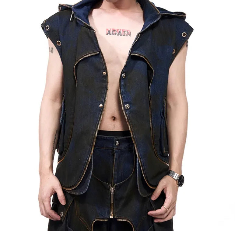 Blue hooded denim vest coat and trousers set with Korean style heavy industry deconstruction