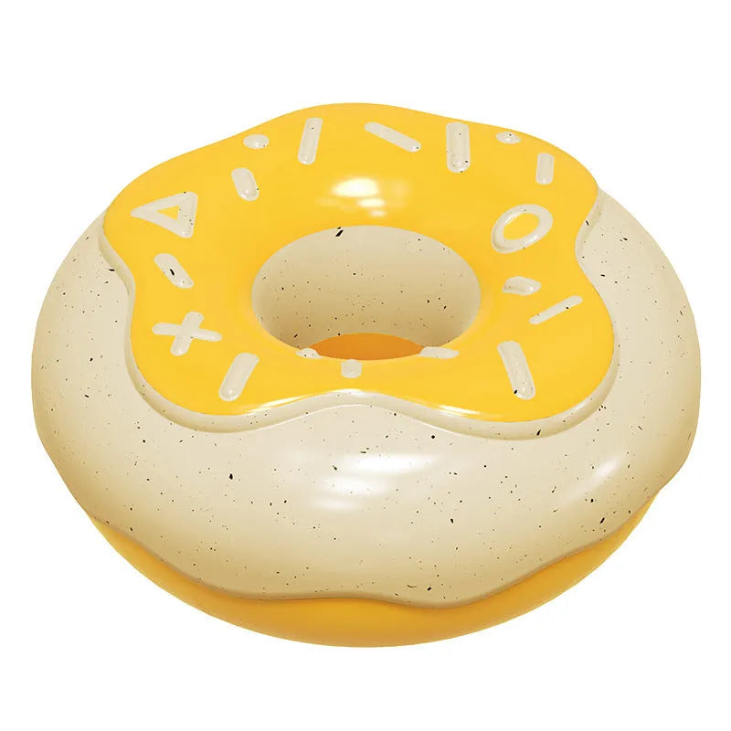 Pink, yellow, and chocolate TPR donut dog toy with squeaker for molar cleaning.