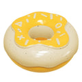 Pink, yellow, and chocolate TPR donut dog toy with squeaker for molar cleaning.
