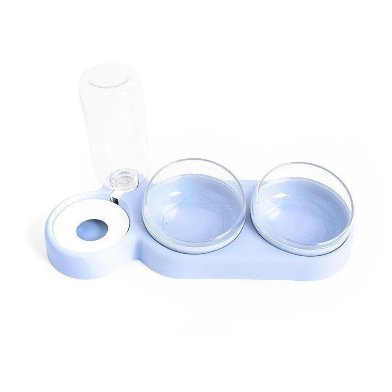 Double bowl automatic pet feeder with 360 degree rotation and tilt for cats in grey colour