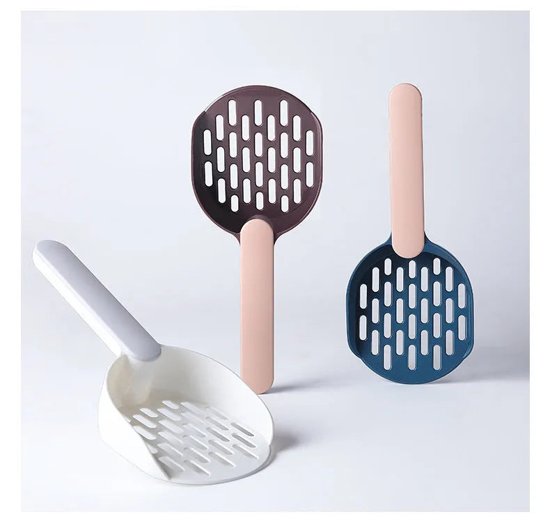 Blue plastic cat litter shovel for cleaning litter boxes, showing dimensions and scoop design.