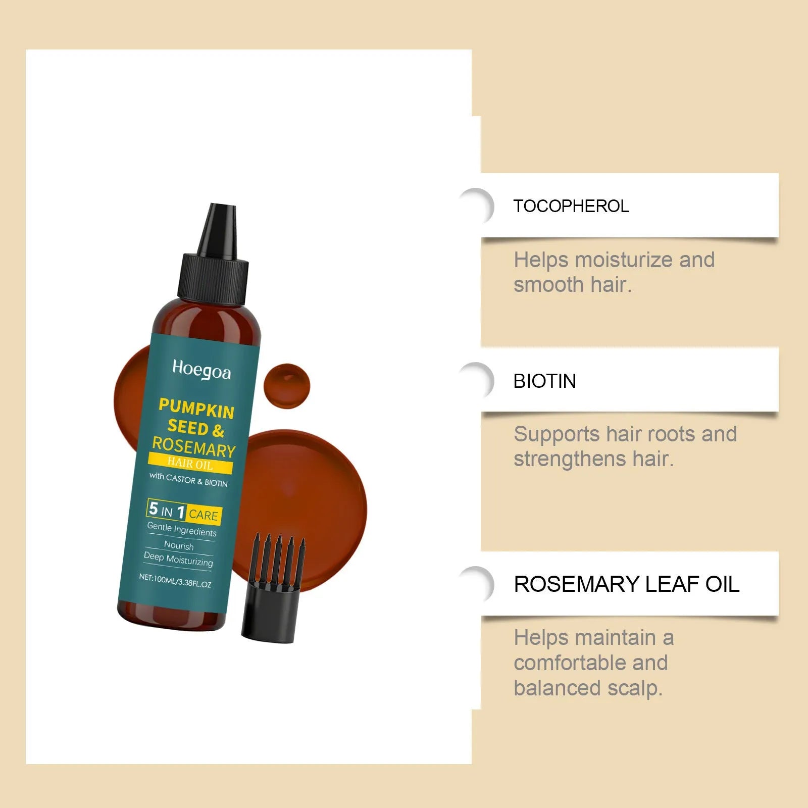 Rosemary essential hair oil 100ml set with pointed dispenser tip and hair comb