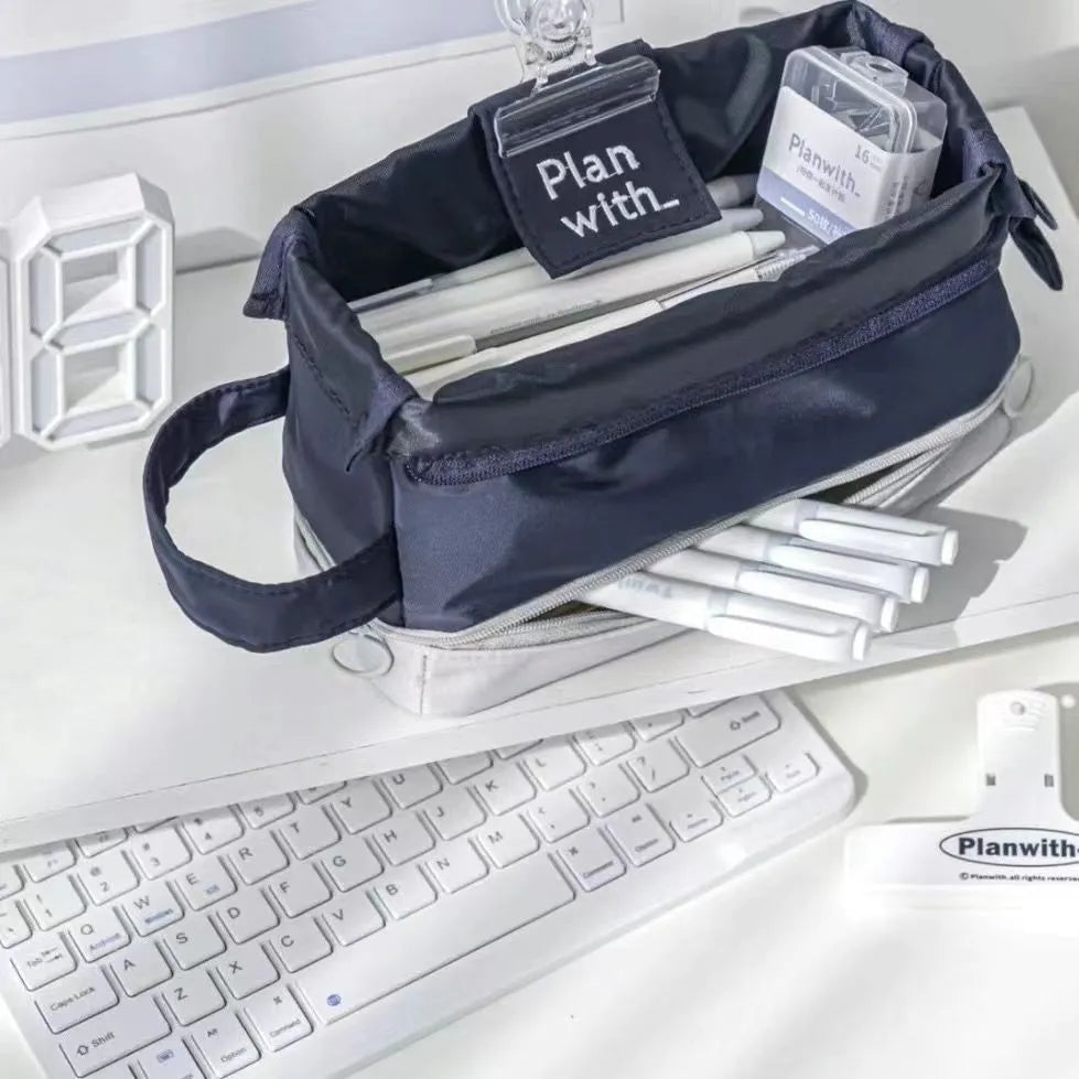 Folding double layer student pencil case in polyester, shown in dark blue, blue, and cream white colour options.