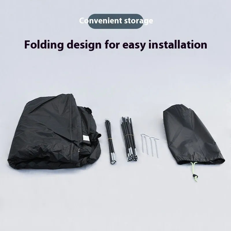 Large black outdoor bicycle storage tent showing roof design, suitable for 2-3 bikes.