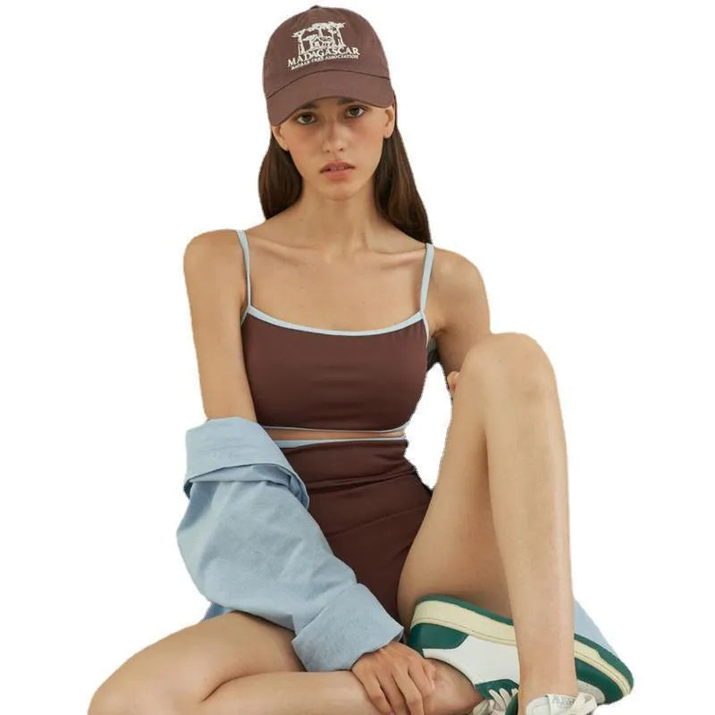 Brown nylon one-piece swimsuit for women with a triangular sexy design.
