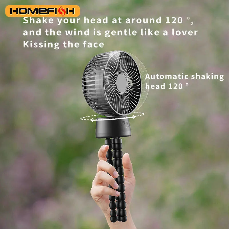 HOMEFISH F1 and F2 automatic shake head handheld fan with removable bracket on a stroller.