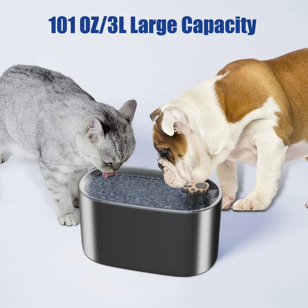 Berlin blue automatic pet water fountain with quiet pump and triple filter on floor.