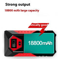 Red 12V car emergency jump starter power bank with battery clamps and charging cable