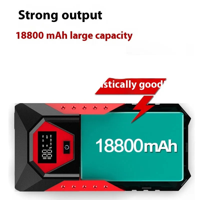 Red 12V car emergency jump starter power bank with battery clamps and charging cable