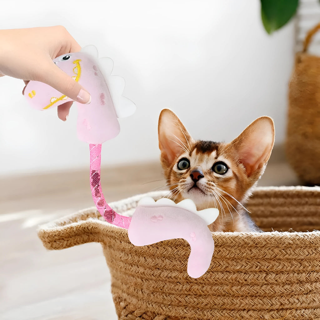 Set of four cat chew toys including plush mouse, fish, bunny and catnip rope toys for teeth cleaning