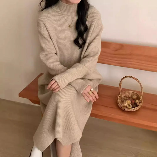 Acrylic half turtleneck knee-length knit dress in khaki colour with long sleeves.