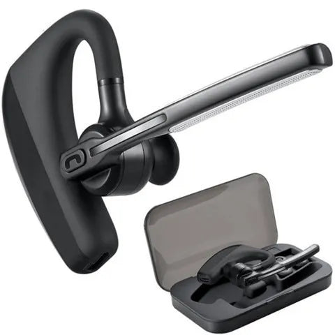 Black true wireless Bluetooth earbuds with a charging case on a white background.