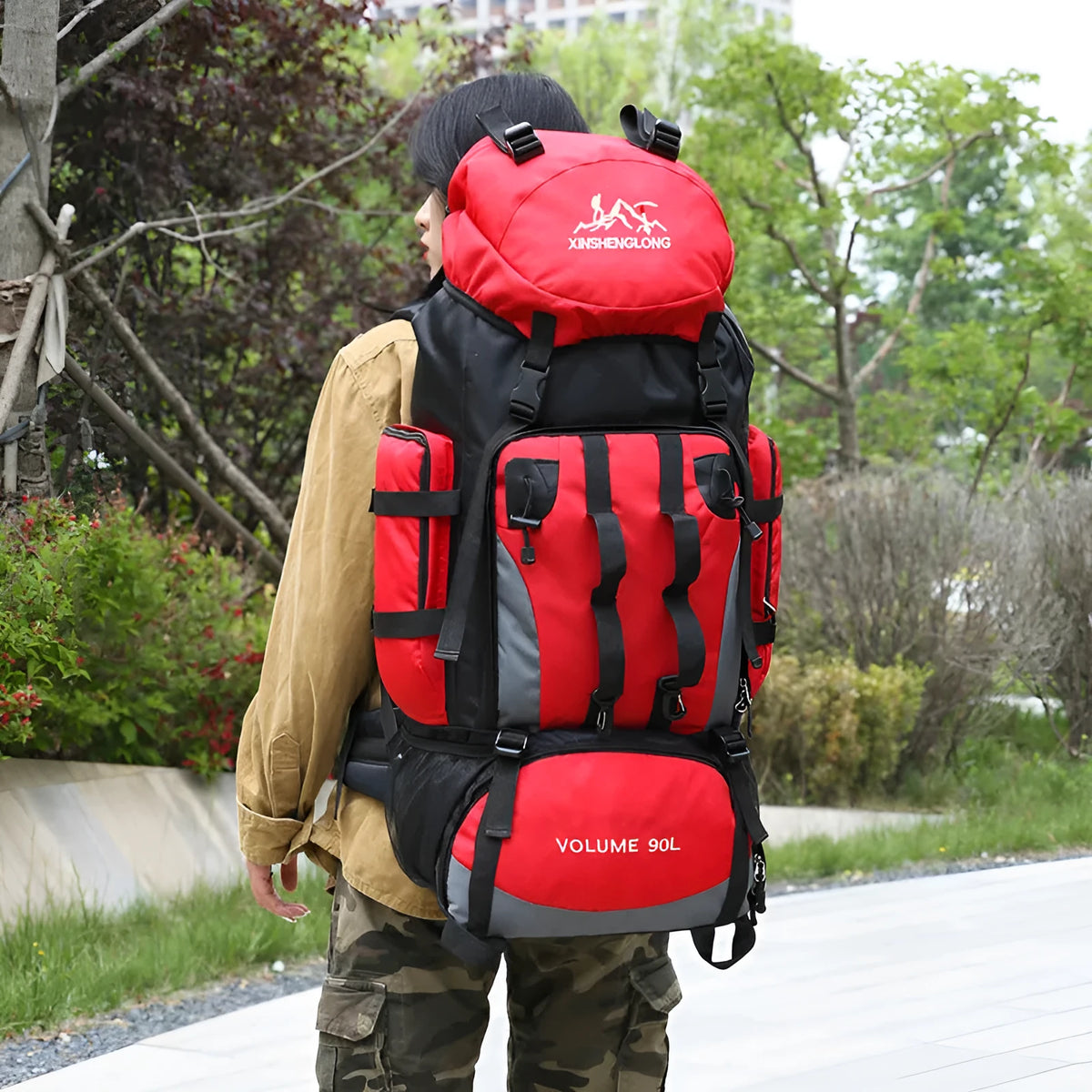 Men's hiking backpack in solid colour, water repellent nylon construction, available in black blue dark blue red