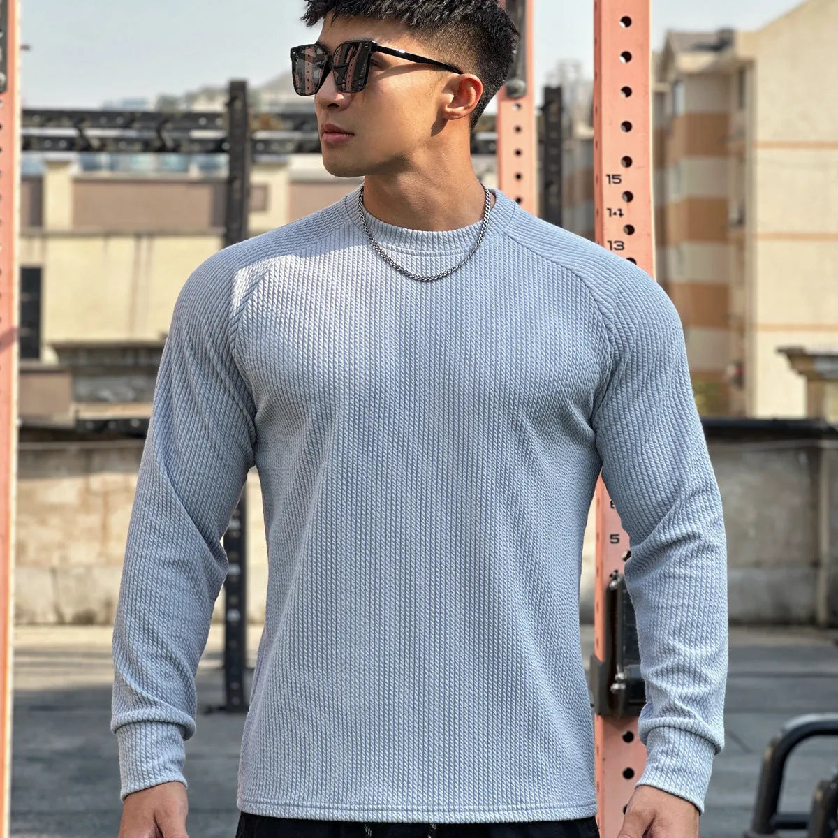 Men's plus size crew neck pullover long sleeve solid colour polyester top in dark gray